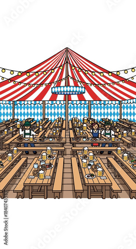 Illustration of a maze with red and white striped tent-like roof.