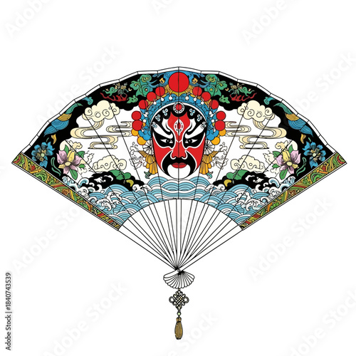Decorative fan with a red mask design and floral elements on white background.
