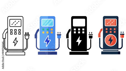 Set of electric vehicle charging stations with different styles and colors, symbolizing clean energy and future transportation
