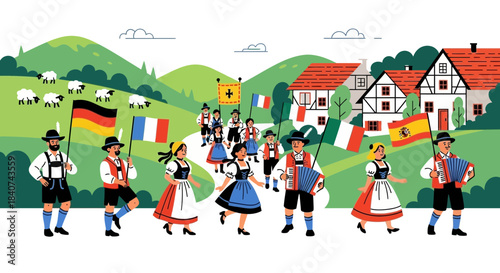 People in traditional clothing parade with flags in a village landscape illustration.