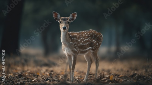 A Gentle Gaze: Spotted Deer Portrait in its Natural Habitat, Forest Scene