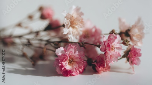 Gentle floral arrangement featuring delicate pink blossoms on bright background
