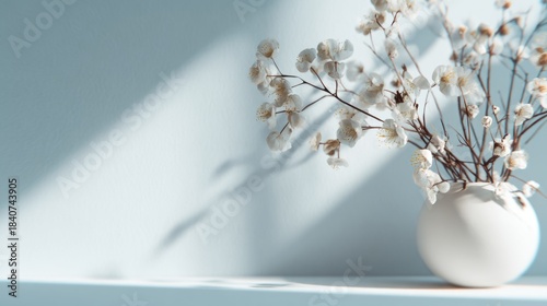 White Flowers in Vase against Light Blue Background for Interior Decoration