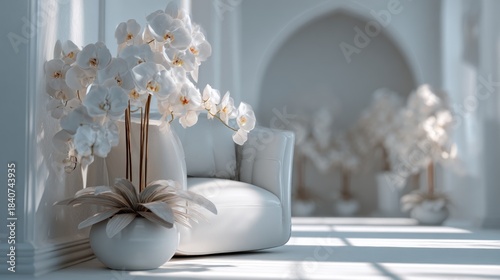 Elegant White Interior with Orchid Display and Subtle Architectural Details