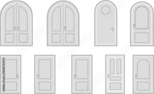 Ten white doors featuring various architectural styles including arched and rectangular designs are presented in a clean vector graphic set perfect for illustrating concepts of choice passage opportu