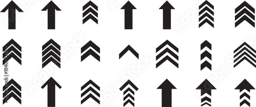 Collection of various dark gray upward pointing arrow icons and symbols displayed against a solid black background for navigation