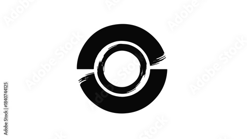 Modern abstract circular logo design with black and white colors and brush stroke effect on clean background