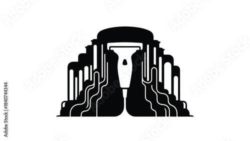 Modern abstract architecture illustration with sleek lines and shapes in black and white, futuristic cityscape design element for urban planning and development concepts