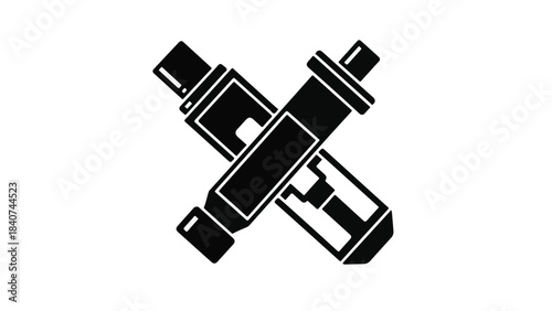 Vape ecigarette device icon crossed black and white simple illustration for health risk awareness campaign or smoking cessation concept