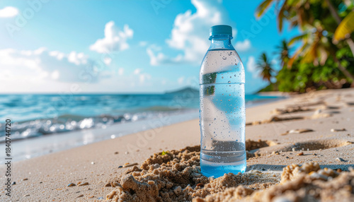 Summer plastic bottle mockup with water drink and condensation — refreshing tropical drinkware photo