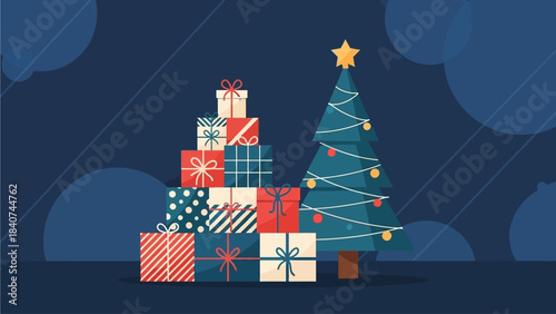 Festive Christmas tree adorned with twinkling lights and a star, surrounded by a stack of beautifully wrapped gifts, perfect for holiday celebrations and New Year's