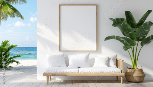 Blank Summer Poster Mockup in Bright Beach House Interior — Tropical Artwork Wall Display Photography
