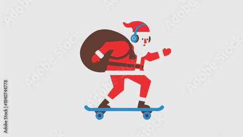 Santa Claus skateboarding with a sack of gifts, wearing headphones and sunglasses, bringing a modern, energetic, and cool twist to the festive holiday season