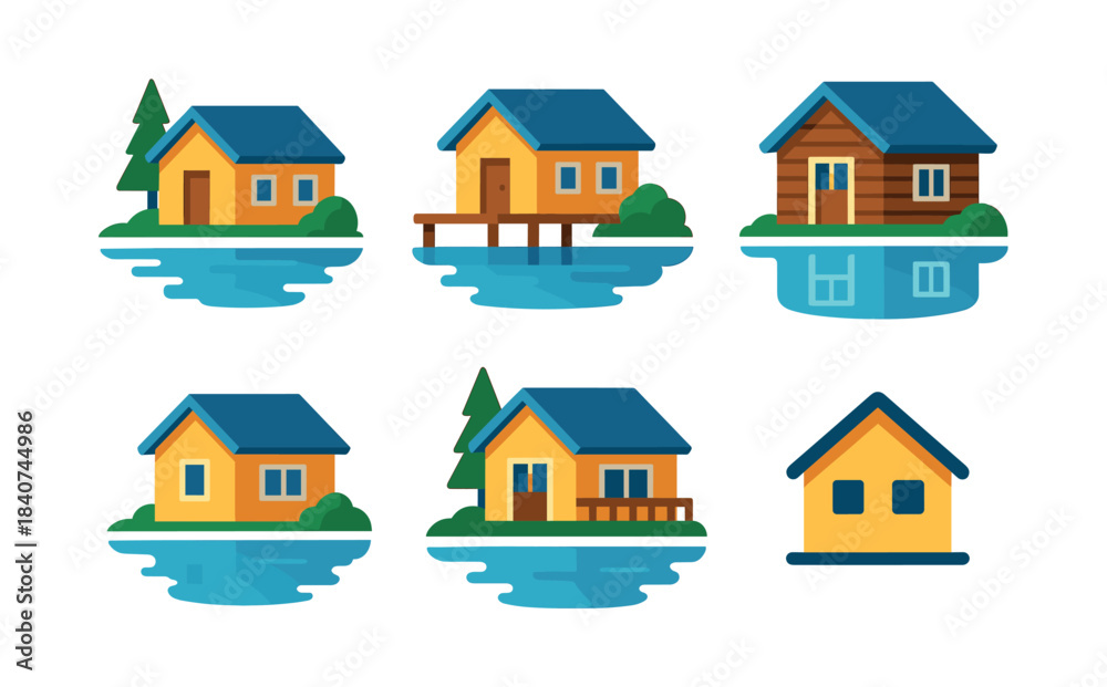 Fototapeta premium Lake house collection, cabins, cottages, flat vector illustration