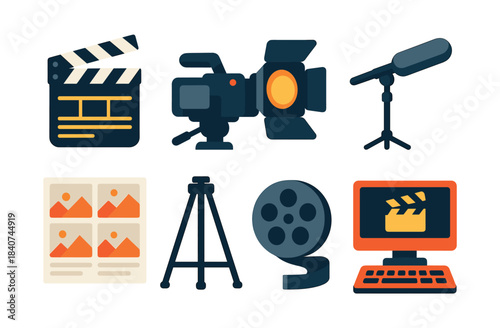 Film production equipment set, flat vector illustration, camera, lights, microphone