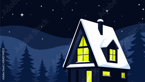 Cozy Winter Cabin under a Starry Night Sky with Snowfall, Warm Lights Glowing from Windows, Surrounded by Pine Forest