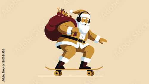 Cool Santa Claus rocking headphones and skateboarding with a sack full of holiday gifts, bringing a dynamic and modern twist to traditional Christmas deliveries with festive cheer