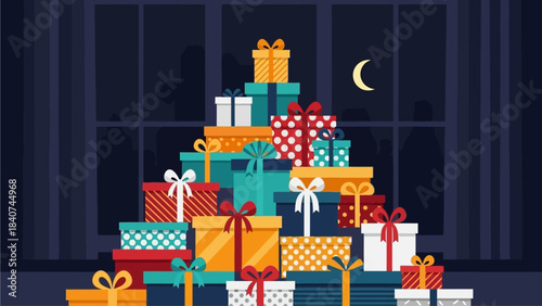 Festive pile of brightly wrapped gift boxes under the moonlit night sky, ready for celebration and holiday cheer
