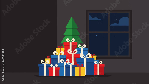 Pile of Gift Boxes and Christmas Tree Near Window on Dark Evening