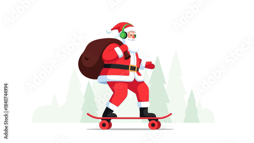 Dynamic Santa Claus embracing modern holiday spirit, cruising on a skateboard with music, ready for festive deliveries in a cheerful vector illustration