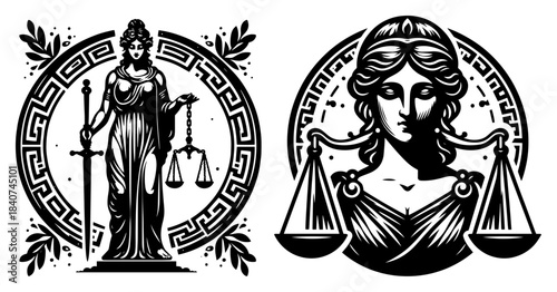 Lady Justice Themis vector illustration set. Goddess of law with scales and sword. Legal court symbol sketch.