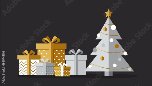 Festive Christmas tree adorned with ornaments and surrounded by elegantly wrapped gift boxes, symbolizing holiday cheer and celebration