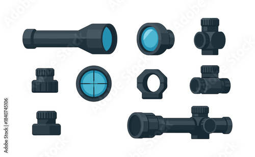 Rifle scope components, mounts and lenses, flat vector illustration