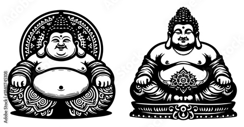Smiling Buddha statue vector illustration. Happy fat monk deity symbol of luck and prosperity. Asian religion sketch.