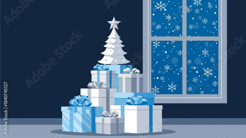 A festive stack of beautifully wrapped Christmas presents adorned with blue ribbons, beneath a decorated tree, with a snowy window scene in the background
