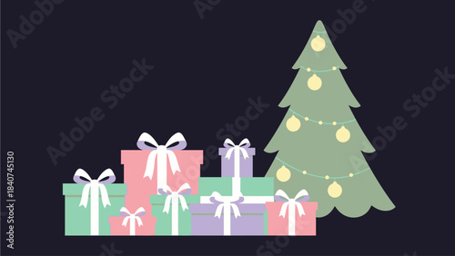 Festive Christmas tree adorned with sparkling lights and a delightful stack of beautifully wrapped presents, creating a joyful holiday scene