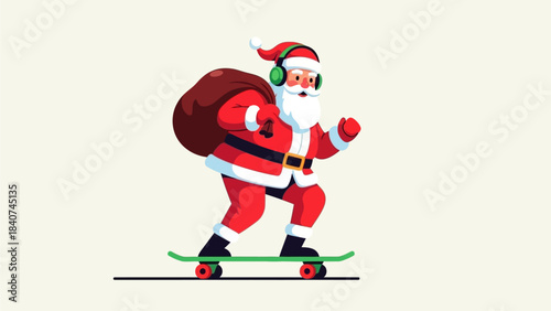 Cool Santa Claus takes a modern spin on Christmas, skateboarding with headphones and a sack of gifts, spreading festive cheer and contemporary holiday spirit