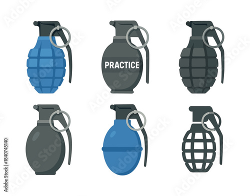 Grenade types, flat vector illustration, bombs, military, training equipment