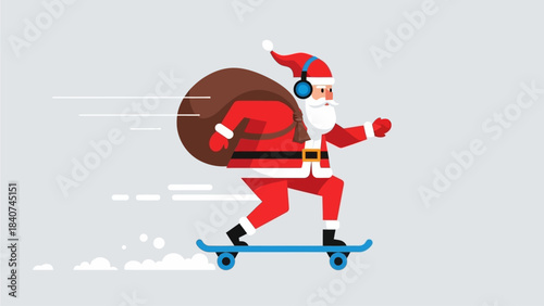 Modern Santa Claus on a skateboard, delivering holiday cheer with music in his ears, spreading joy and presents swiftly this festive season, showcasing a contemporary twist on holiday traditions