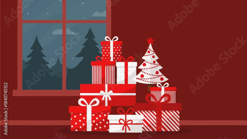 Festive pile of Christmas gifts and a decorated tree near a window with a snowy forest scene