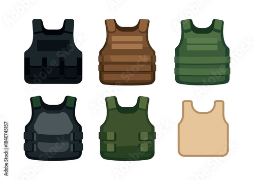 Body armor collection, military vest designs, flat vector illustration