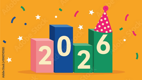Celebrate the New Year with a festive countdown to 2026, marked by colorful blocks, confetti, and a party hat, symbolizing joy and anticipation for the upcoming year