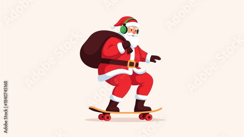 Dynamic and modern Santa Claus illustration, riding a skateboard with headphones and a sack full of presents, bringing contemporary holiday cheer and a fresh twist to festive celebrations