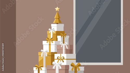 Festive Christmas Tree Made of Gift Boxes with Star on Top, Surrounded by Presents Near a Window