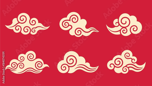 Traditional East Asian Cloud Patterns in Beige and Red Color Palette A Set of Decorative Elements