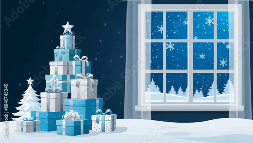 Festive Christmas Gift Stack With Snowing Window View