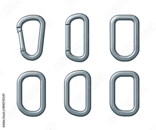 Carabiner set, hooks, clips, and locks, flat vector illustration