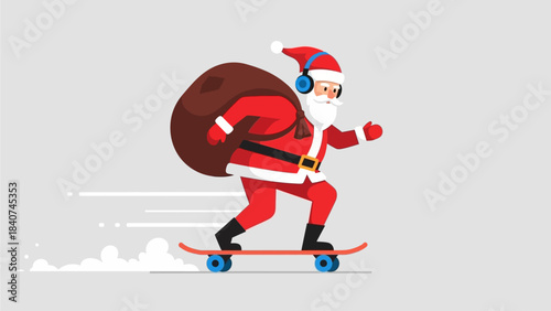Vibrant flat design of Santa Claus, headphones on, joyfully skateboarding with a sack full of gifts, bringing modern holiday cheer at high speed