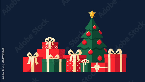 Festive Christmas Tree Surrounded by Gift Boxes and Presents on a Dark Blue Background