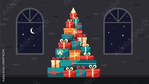 Vibrant stack of holiday gifts arranged like a festive tree, glowing in a cozy night room with starry windows, embodying seasonal joy and celebration