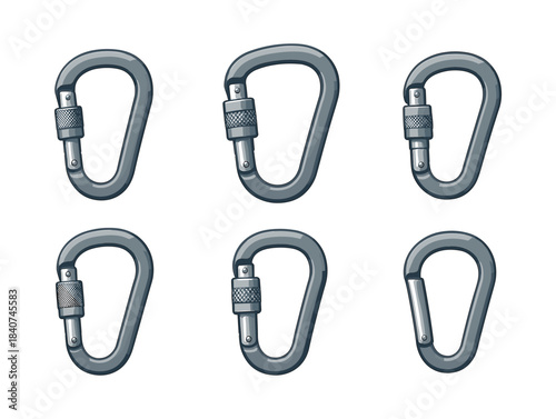 Carabiner collection, flat vector illustration of climbing clips and hooks