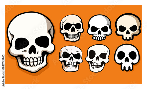 Cartoon human skulls vector illustration set. Funny bone heads with different expressions on orange background. Halloween horror collection.