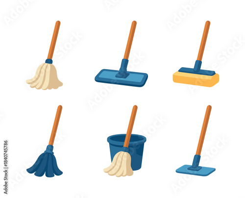Cleaning tools set, mops and bucket, flat vector illustration for housekeeping