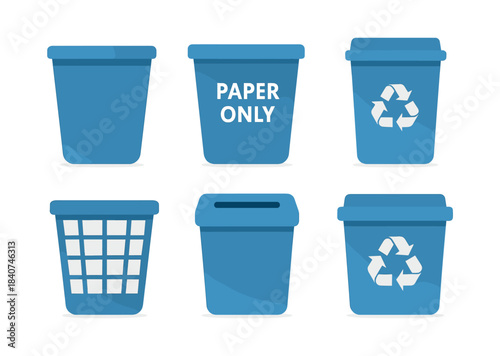 Recycling bin collection, paper, plastic, waste disposal, flat vector illustration