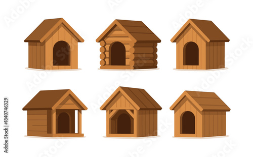 Dog house collection, flat vector illustration, pet shelters, wooden cabins