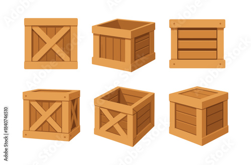 Wooden crates collection, flat vector illustration, shipping, storage boxes